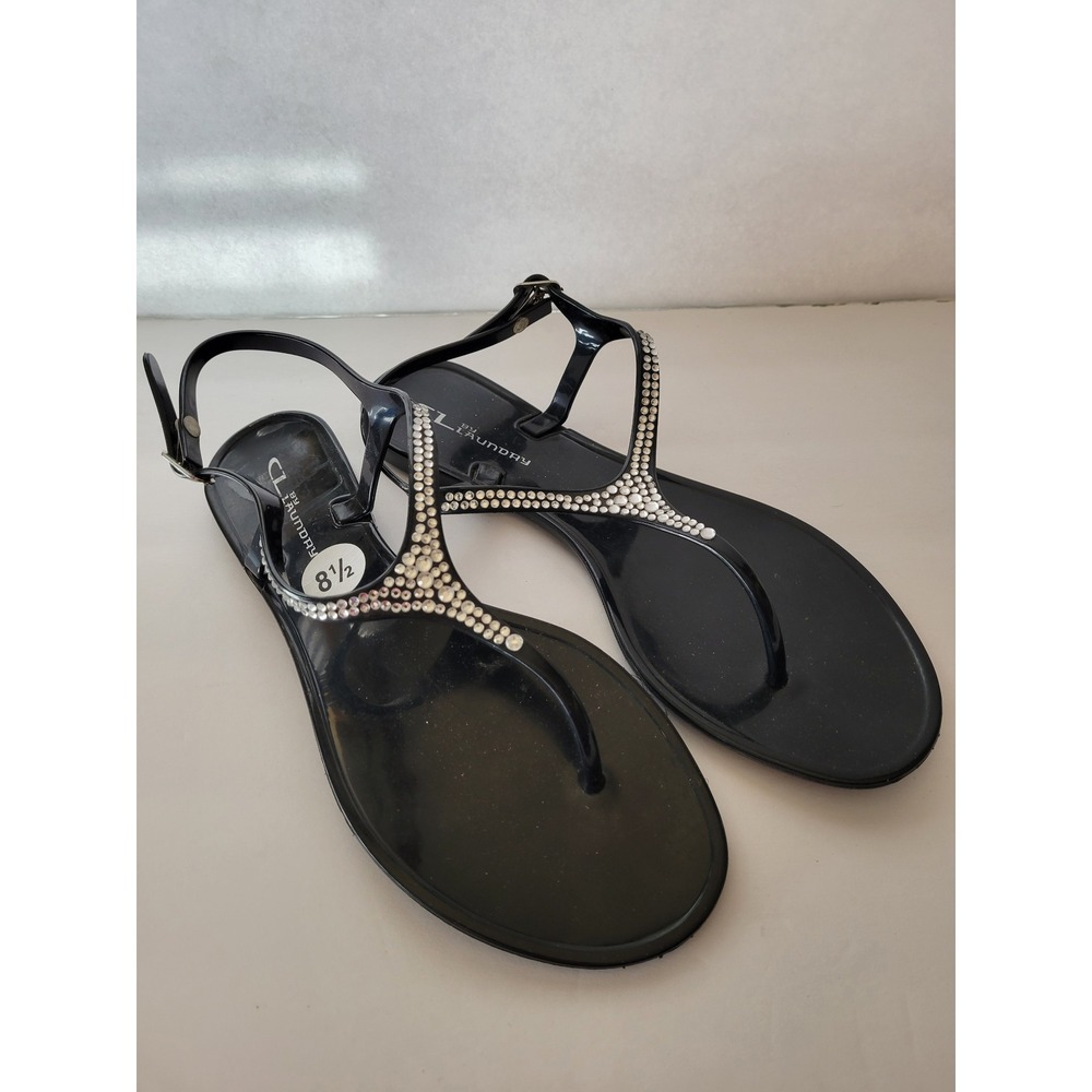 CL by Laundry Black Jelly Sandals Rhinestone T-Strap Thong Flats‎ Womens 8.5